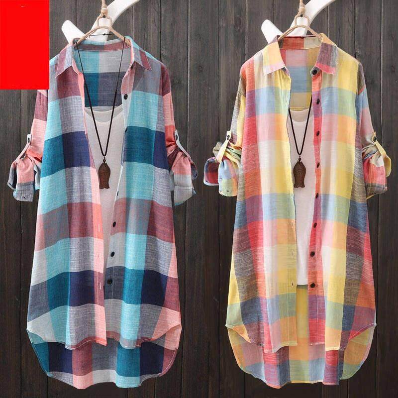 Áo Sơ Mi cotton Dáng Dài Rộng Họa Tiết Kẻ Sọc Ca Rô Thời Trang Mùa Hè Dành Cho Nữ 2022