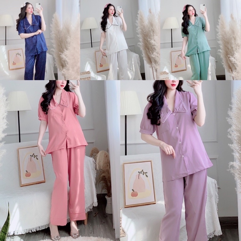 Bộ ngủ pizama chin's pịjama mặc nhà trơn nhiều màu xanh đen trắng hồng(Ảnh thật)