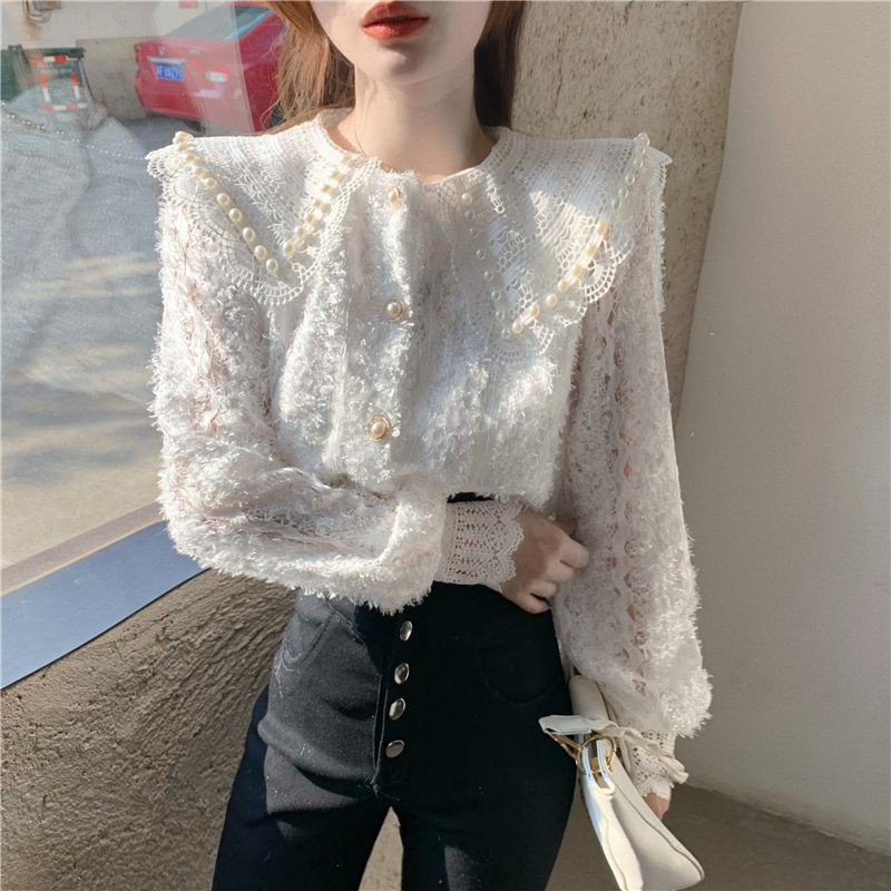 Áo sơ mi ren nữ búp bê cổ áo thiết kế , áo sơ mi dài tay mỏng mùa xuân 2021 - Có ảnh thật