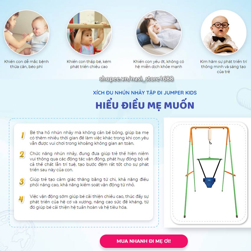 Combo xích đu nhún nhảy tập đi cho bé Jumper Kids JPG101 + ghế xích đu tích hợp bàn ăn dặm