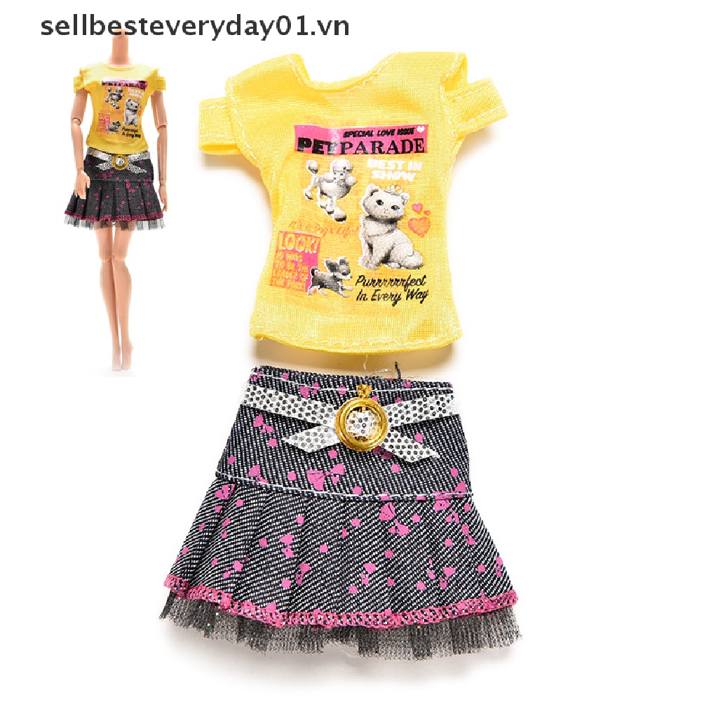 Set đồ 2 món gồm áo thun + chân váy thời trang cho búp bê Barbie