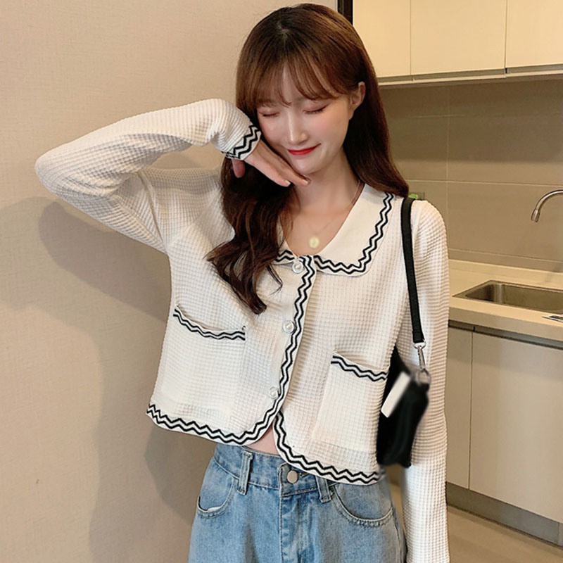Áo Khoác Cardigan Dệt Kim Màu Sắc Tương Phản Thiết Kế Xinh Xắn Thời Trang Cho Nữ