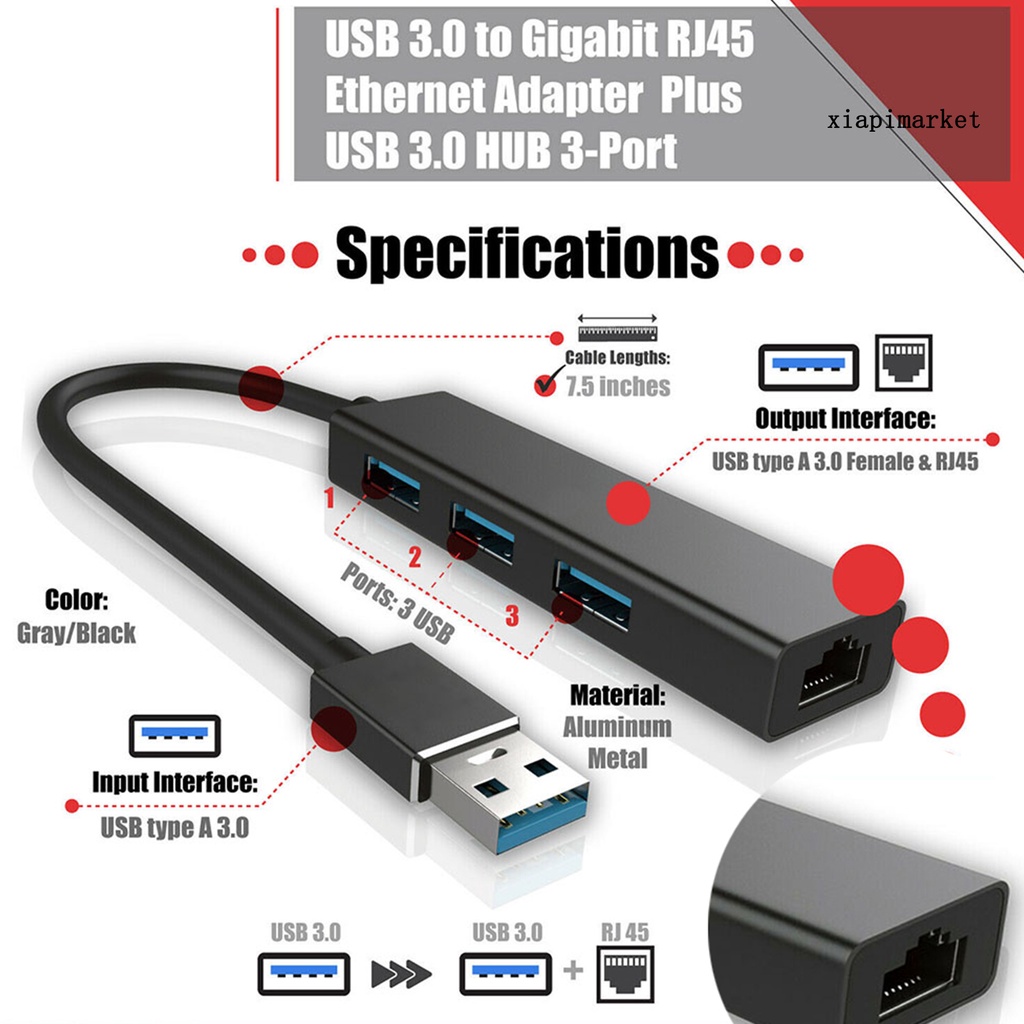 LOP_USB 3.0 Gigabit Ethernet Lan RJ45 1000Mbps Network Adapter 3 Ports Hub for Mac PC Switch