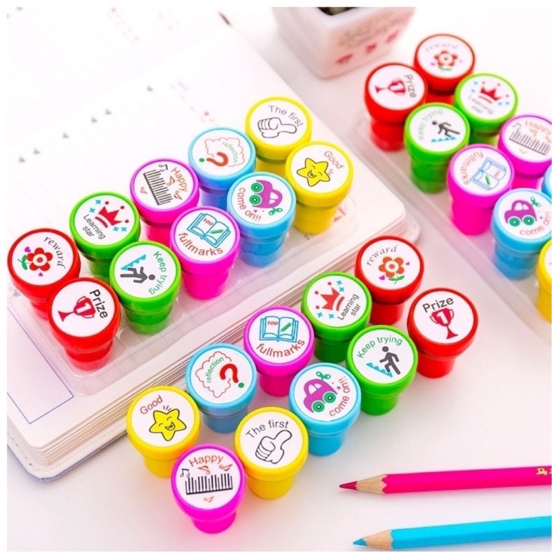 Bộ 10 con dấu sẵn mực nhiều màu cute đóng dấu khích lệ học tập cho bé