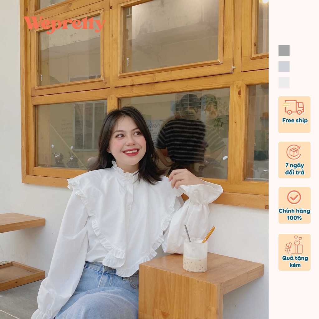 Áo sơmi nữ trắng chất sợi mềm ống tay bồng cổ tay loe phong cách vintage Wepretty Clothes