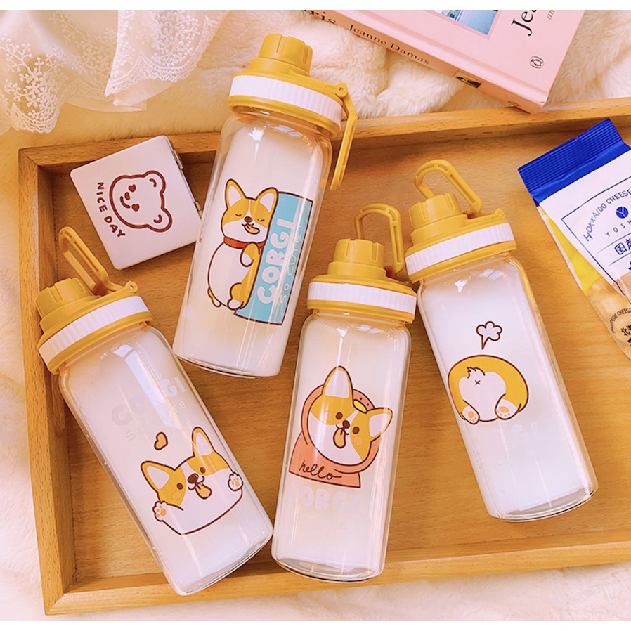 Bình nước cầm tay thuỷ tinh Hình Corgi dễ thương