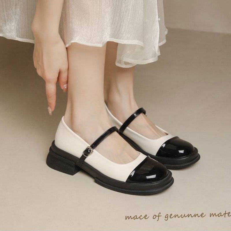 Giày da RENBEN đế dày mũi tròn màu đen be phong cách retro cổ điển