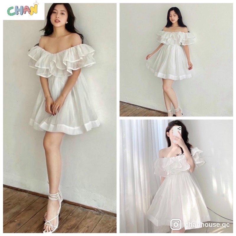 Đầm Bánh Bèo Trễ Vai Phồng Chất Tơ Óng Mẫu Mới, Trễ Vai Bánh Bèo 2 Tầng Bèo Tiểu Thư Chan House