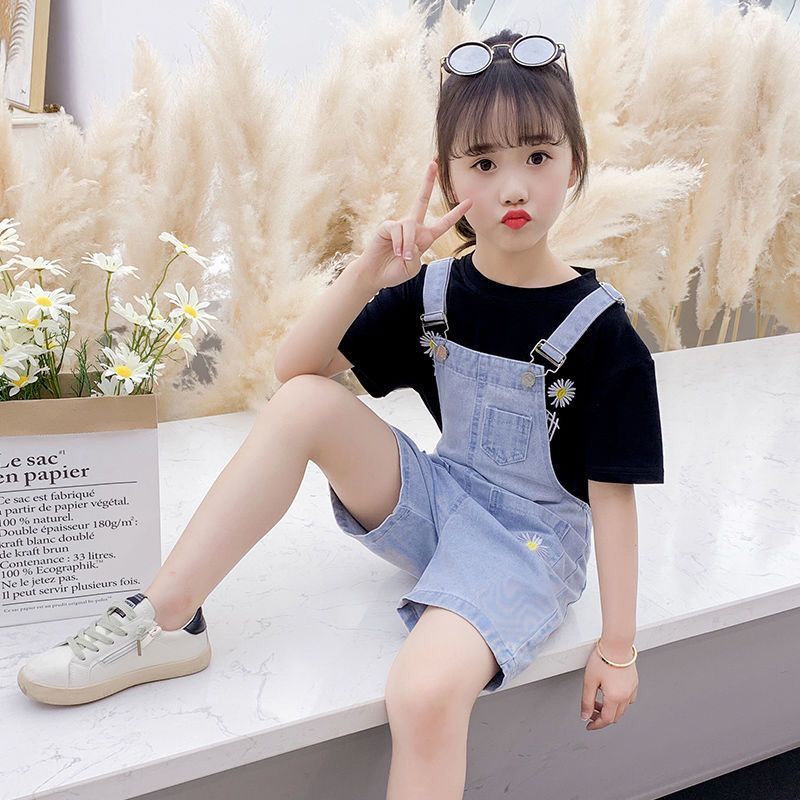 Set Quần Yếm Denim Và Áo Thun Tay Ngắn Thời Trang Châu Âu 2021 Cho Bé Gái