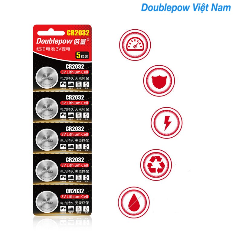 Vỉ 05 Pin nút CR 2032 3V 220mAh (Vỉ 5pin) dung lượng cao Doublepow Pin đồng hồ kỹ thuật số, chìa khóa xe, bút laser