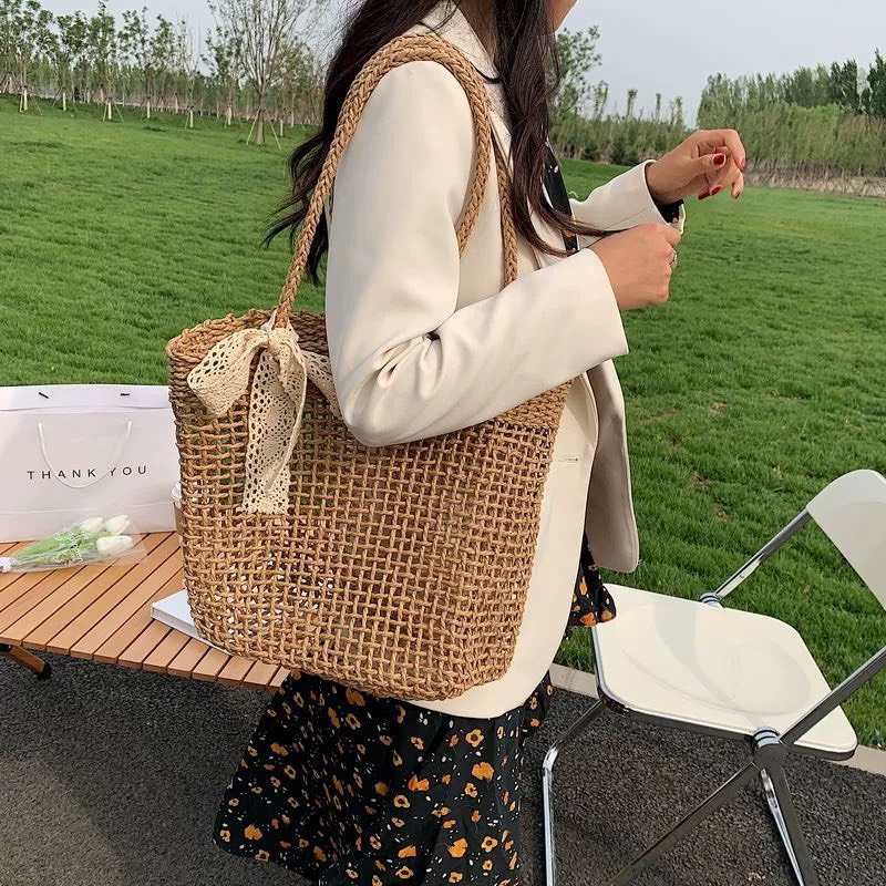 Túi Cói Tote Lưới Vuông Đan Thưa Không Lót Vải Đeo Vai Hàng Chuẩn Quảng Châu Xịn Tặng Nơ Ren Dễ Thương