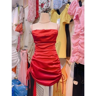 Đầm Cổ Đỗ Phi Lụa Xatin , Dây Rút 2 Bên Dây Kéo Lưng