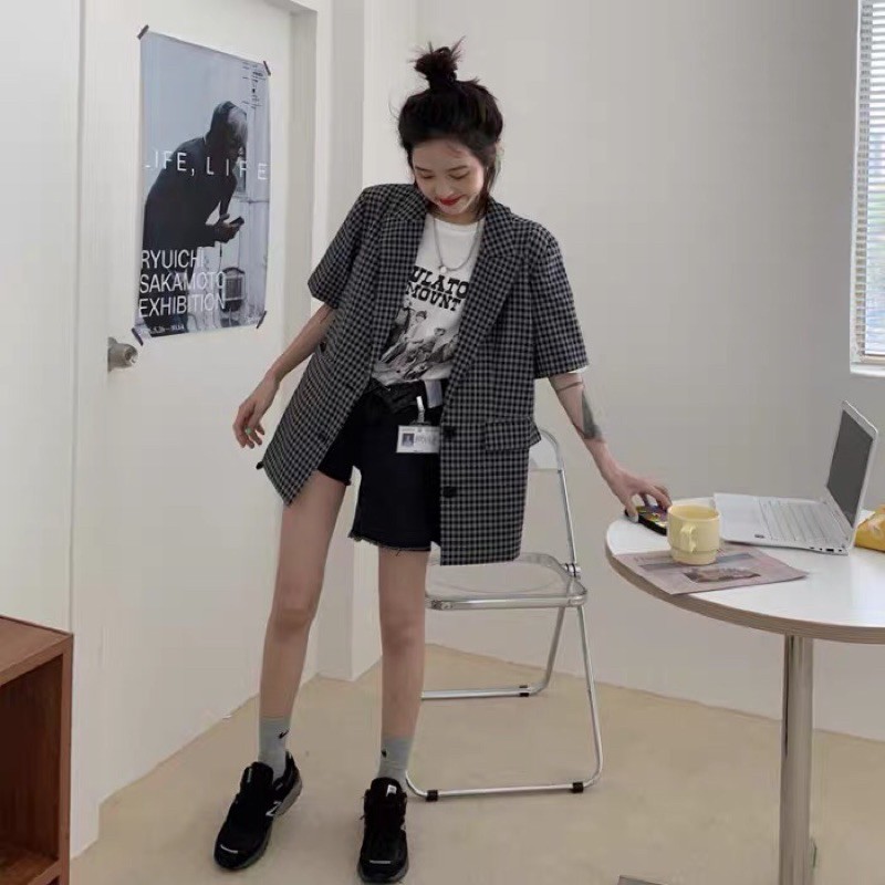 Áo khoác blazer ngắn tay ulzzang kẻ sọc caro fashion 2021 Áo khoác vest ulzzang ngắn tay | BigBuy360 - bigbuy360.vn