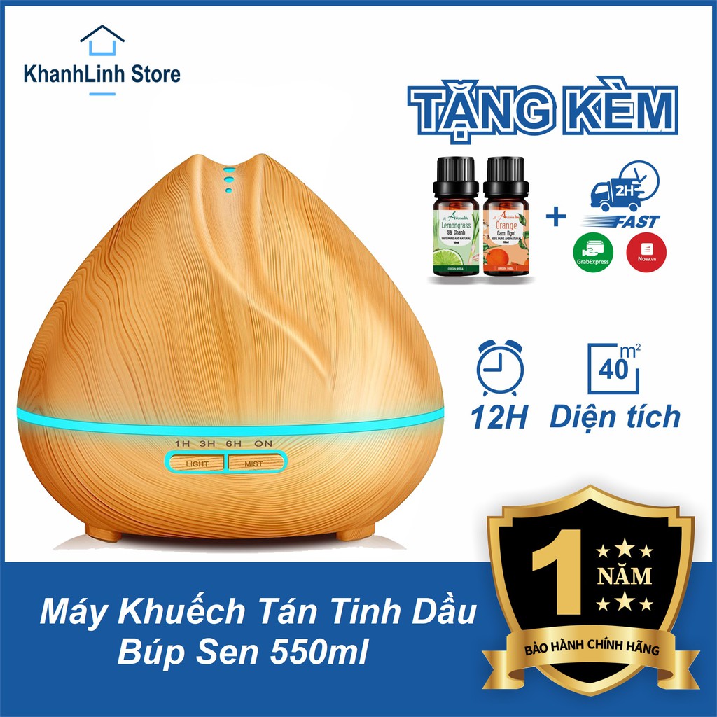 Máy xông tinh dầu, khuếch tán, phun sương vân gỗ sen vàng 550ml,đèn led 7 màu-30m2 - Tặng tinh dầu