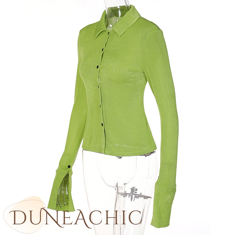 DUNEA Áo Sơ Mi Tay Dài Cổ Bẻ Đính Khuy Xẻ Tà Kiểu Đường Phố Cá Tính Cho Nữ