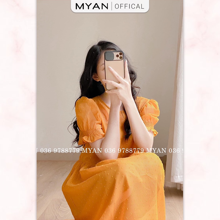 Váy Babydoll Đuôi Cá Voan Dáng Dài MYAN Thiết Kế Tay Ngắn Bo Chun Màu Vàng VVN032203