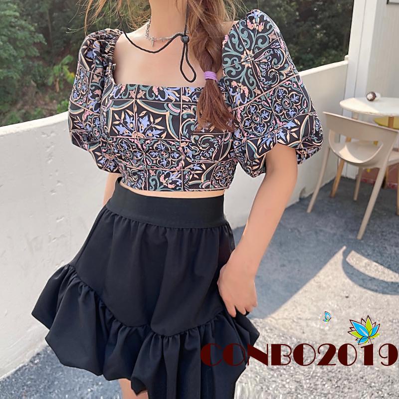 Áo croptop trễ vai tay phồng in họa tiết thời trang cho nữ