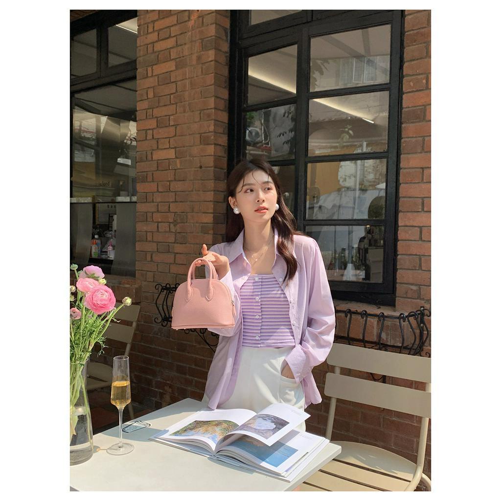 Set Áo Hai Dây Họa Tiết Kẻ Sọc + Áo Sơ Mi Màu Trơn Chống Nắng Thời Trang Xuân Hè Hàng Mới 64058