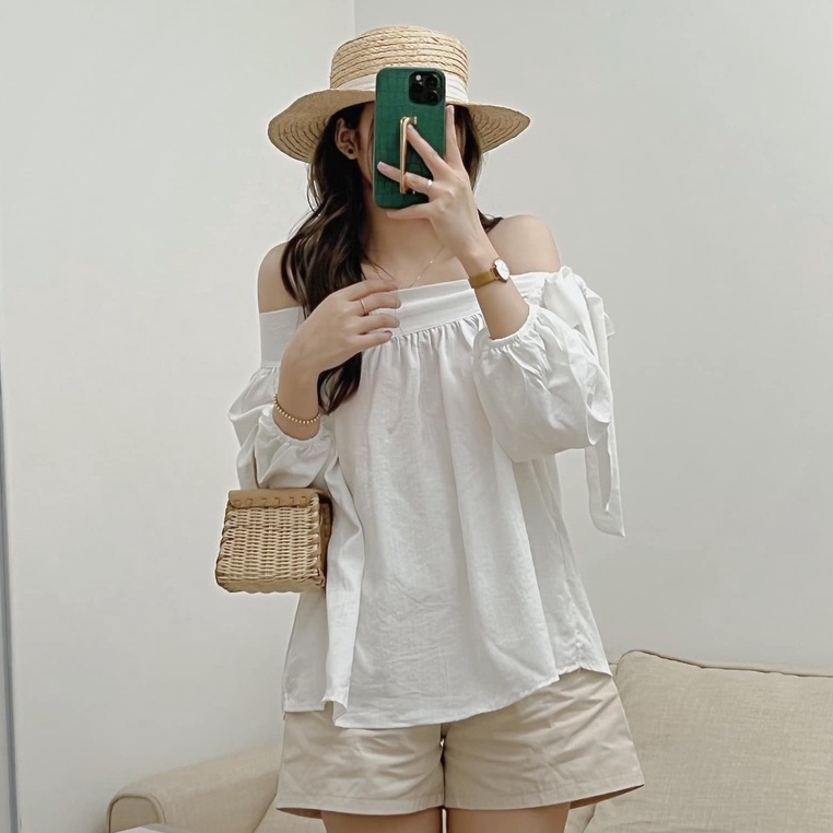 Áo Đũi Trễ Vai Tay Bồng Thắt Nơ Phong Cách Ulzzang 3 Màu, Labibi