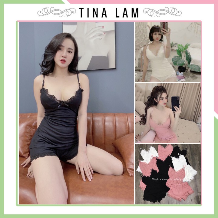 Đồ ngủ 2 dây viền ren, đầm ngủ nữ chất liệu Borip cao cấp, kèm quần đùi dễ thương.