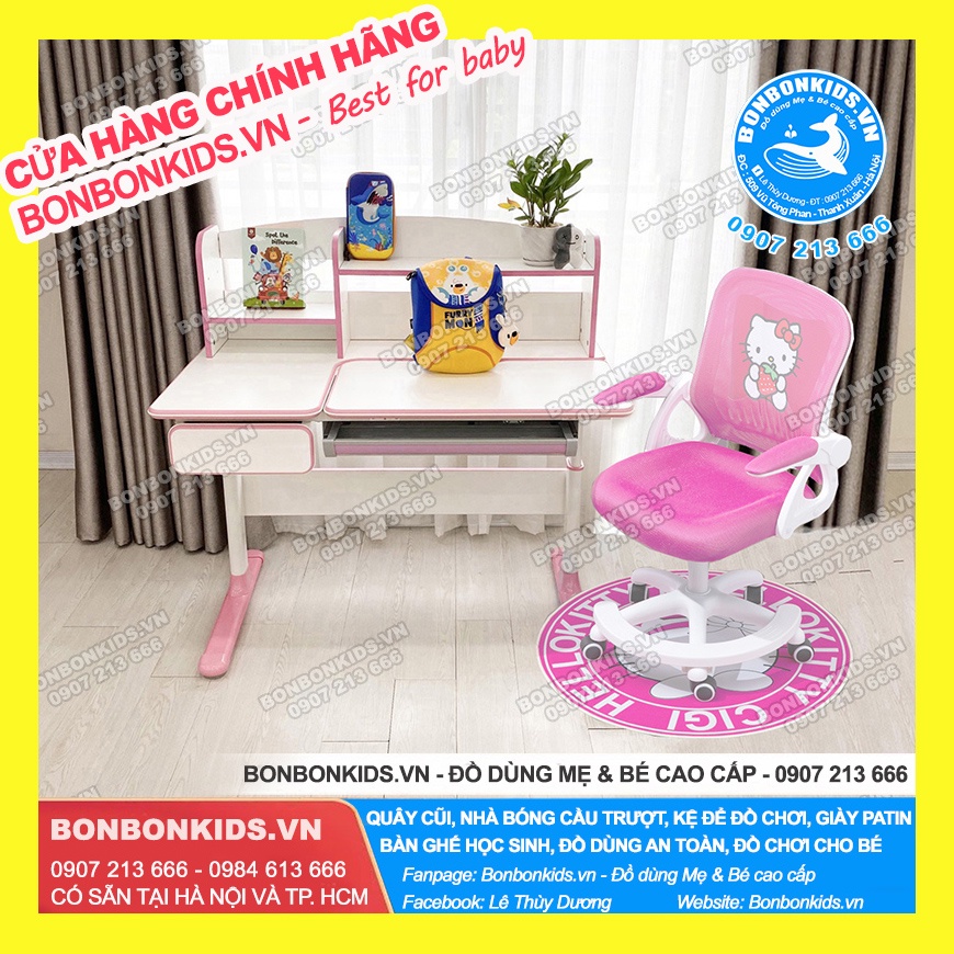 Bộ bàn ghế học sinh thông minh, Bàn ghế Hello Kitty ( Bàn học Hàn Quốc + Ghế Xoay Hello Kitty )