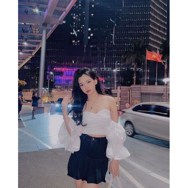 Áo Croptop Trễ Vai Tay Phồng Dáng Ôm Cúp Ngực Phong Cách Tiểu Thư Sang Chảnh