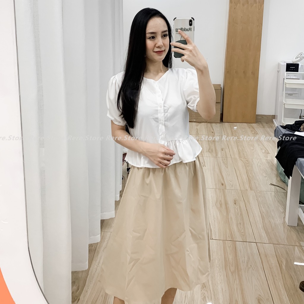 Set Áo Sơmi Croptop + Chân Váy Kaki Nữ - Rere.Store [FREESHIP] - Bộ áo croptop kiểu sơ mi nữ và chân váy dài kaki