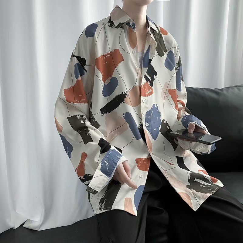 Korean street fashion men's long-sleeved wide-sleeved shirt with irregular color printing