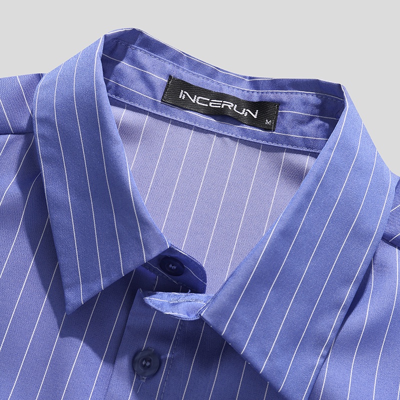 INCERUN Áo Sơ Mi Ngắn Tay Họa Tiết Kẻ Sọc Cài Nút Thời Trang Mùa Hè Cho Nam