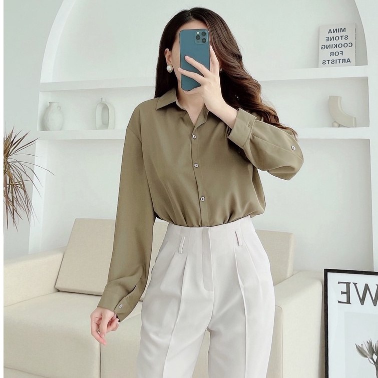 Áo sơ mi nữ, áo dài tay công sở form rộng vải lụa cao cấp, dáng dài phong cách Hàn MISS CLOTHINGS SM-10 | BigBuy360 - bigbuy360.vn