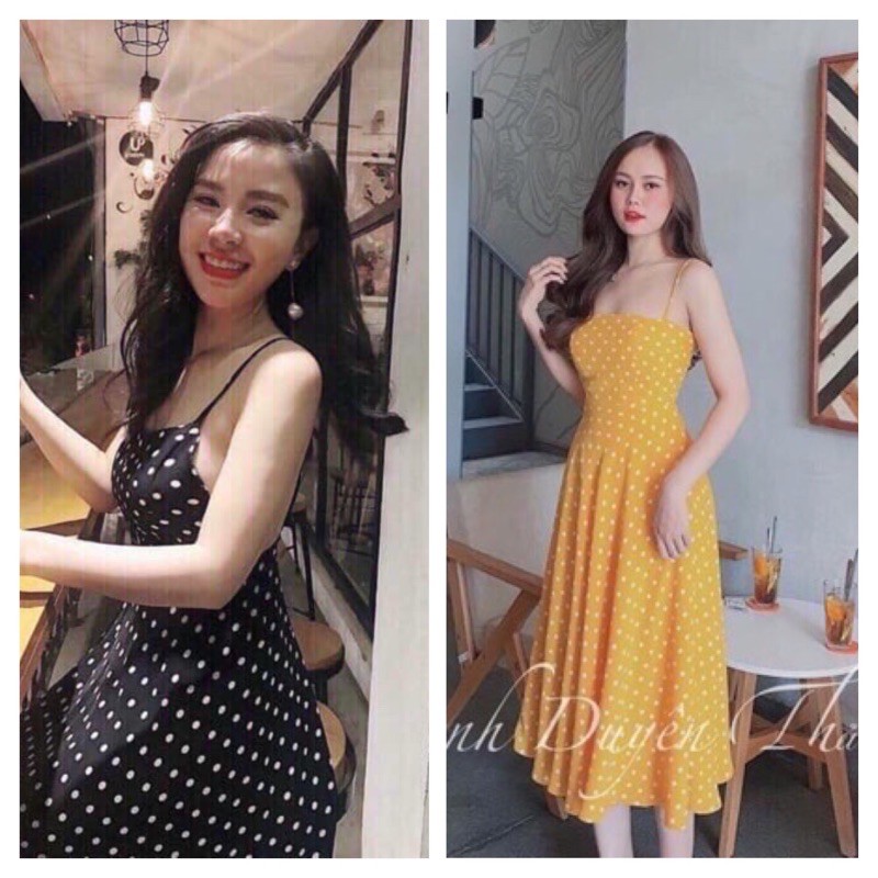 Đầm chấm bi hở lưng đan dây [Ảnh thật