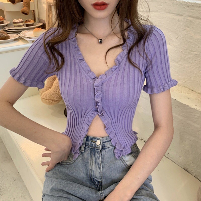 Áo Len Ngắn Tay Croptop Quảng Châu Phong Cách Idol Hàn Quốc Blackpink Jennie Cổ V Sang Chảnh Sexy | BigBuy360 - bigbuy360.vn