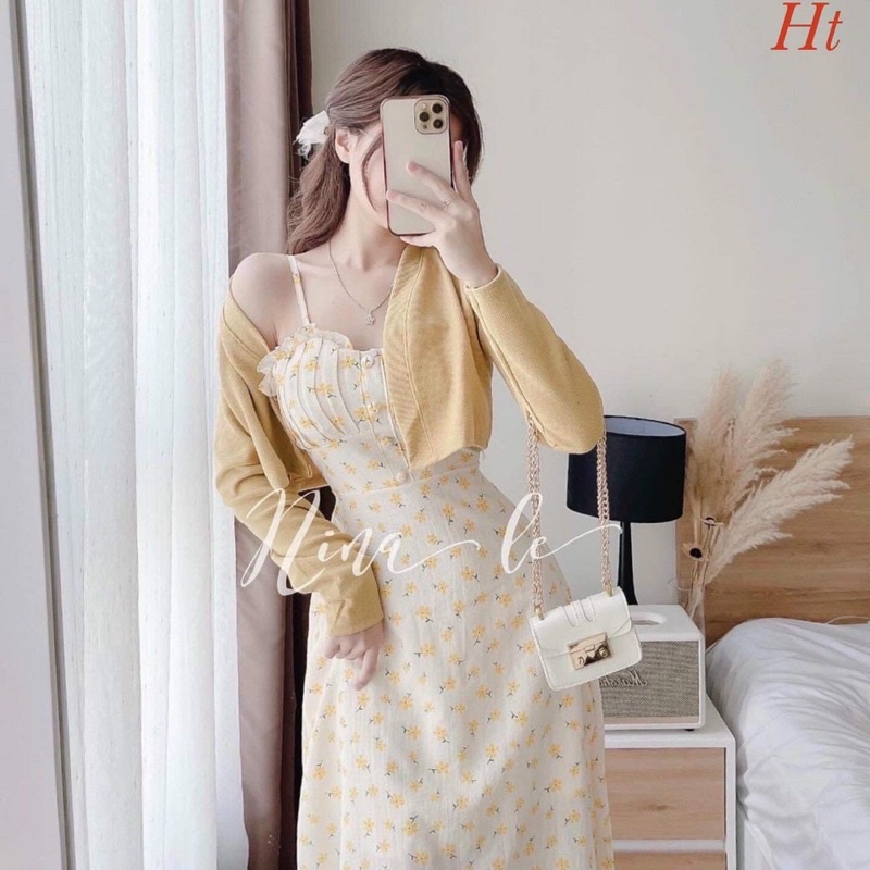 Set váy 2 dây hoa vàng + áo khoác H2S877
