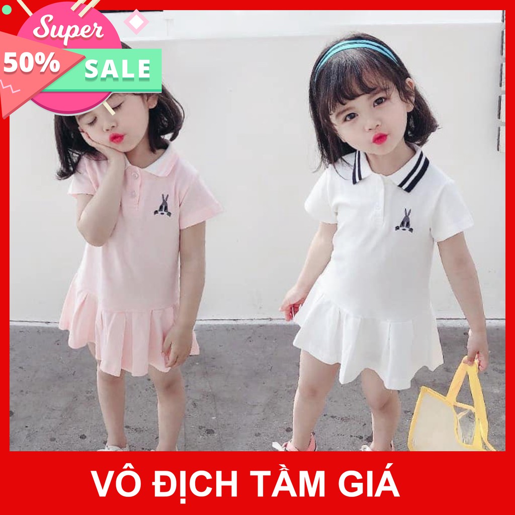 Váy đầm bé gái polo cổ bẻ thêu thỏ dáng đuôi cá chất cotton 4 chiều thấm hút co giãn mềm đẹp