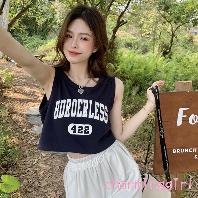 Áo Thun Sát Nách Dáng Rộng Cổ Tròn In Chữ Và Số Thời Trang Đường Phố Cho Nữ