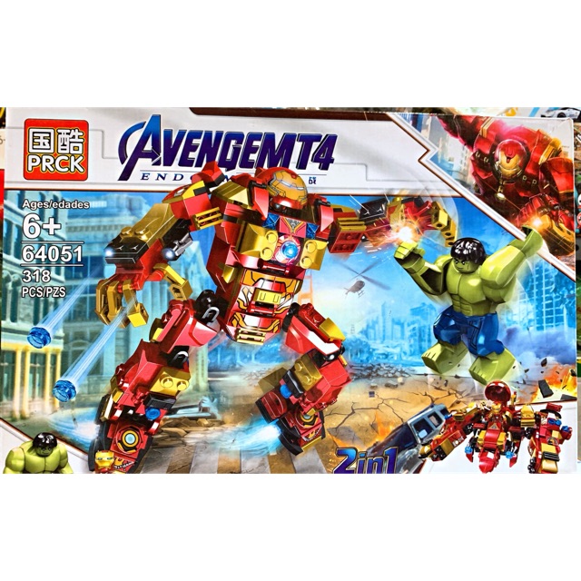 Đồ Chơi Lắp Ráp Xếp Hình Avengers Người Sắt Ironman Chiến Đấu Khổng Lồ Xanh HULK 2in1 64051-318 mảnh