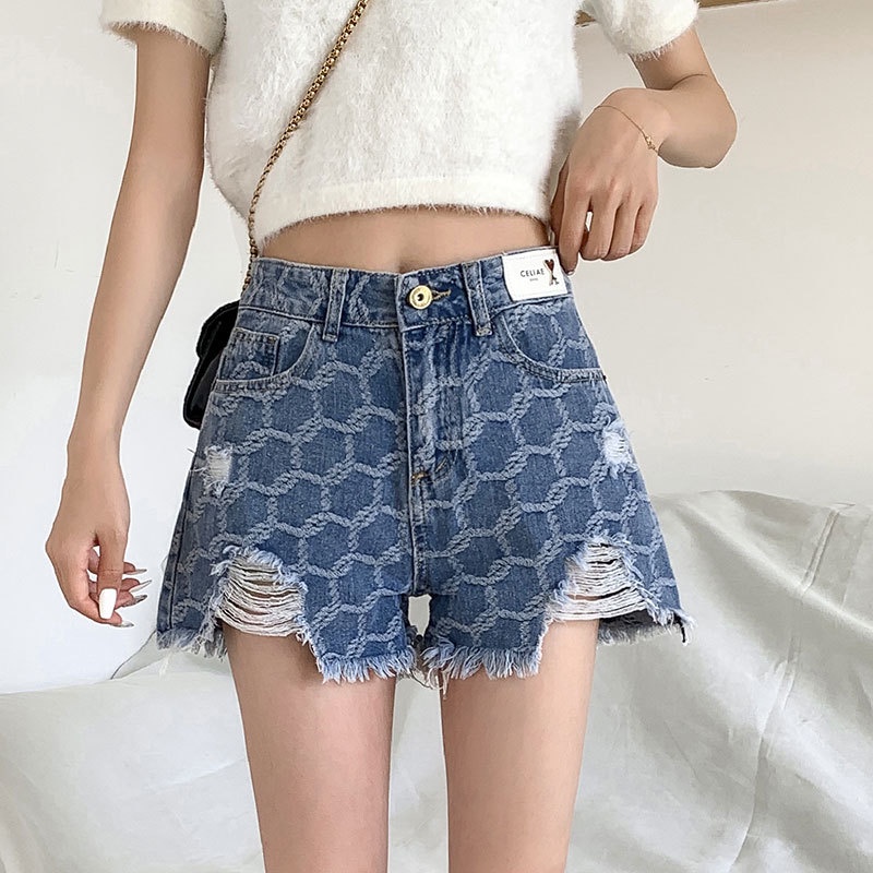 Quần short denim IELGY cạp cao kiểu chữ A màu xanh lam cho nữ