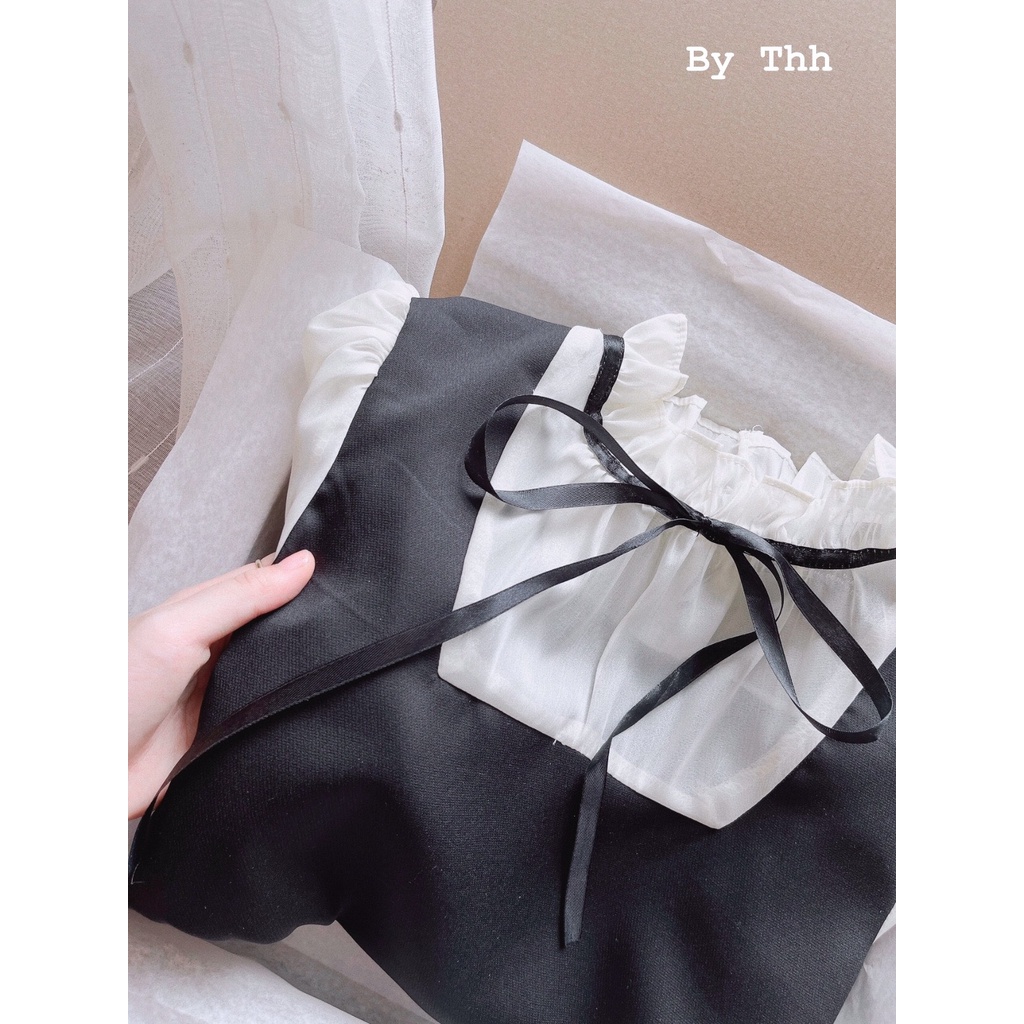 VÁY PHỐI TƠ CỔ NƠ BÈO DÀI TAY DÁNG SUÔNG TIỂU THƯ