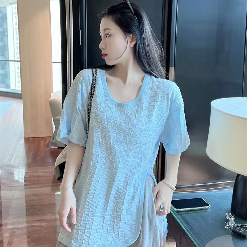 Áo Thun Tay Ngắn Cổ Chữ V Xẻ Tà Thời Trang Phong Cách Hàn Quốc Cho Nữ