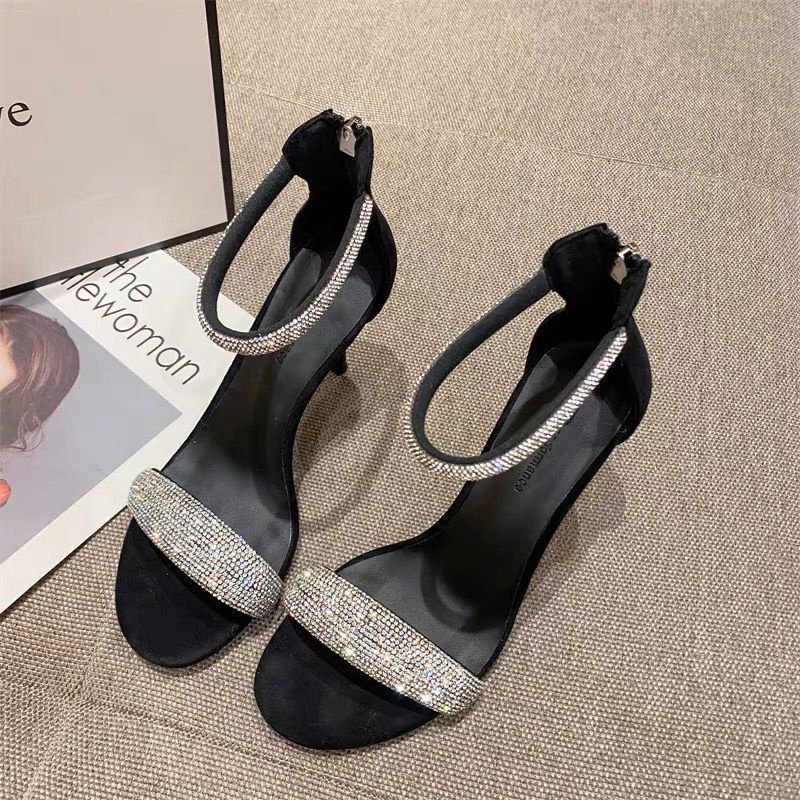 Giày Cao Gót Đính Đá Màu Đen Quyến Rũ Thời Trang Hè 2022 Cho Nữ