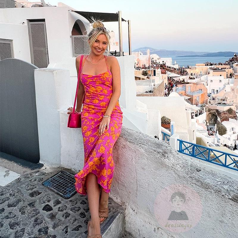 Đầm Dài Hai Dây Chéo Lưng In Hoa Thời Trang Mùa Hè Dành Cho Nữ