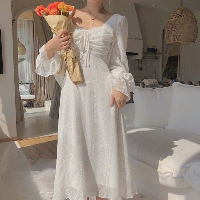 Đầm midi Váy midi của phụ nữ Mùa hè dài tay cổ chữ V Hoa trắng Trang phục thanh lịch Trang phục thường ngày