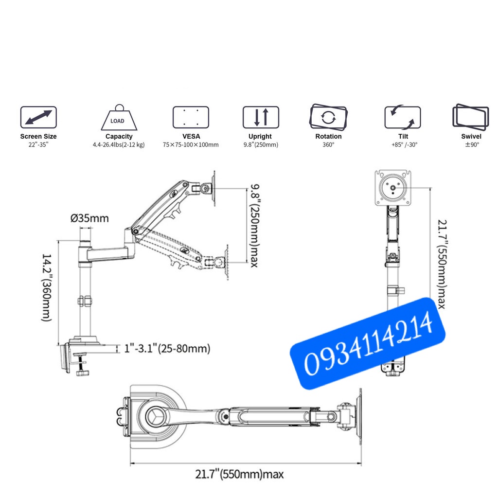Giá Treo Màn Hình NB H100 22 - 35 Inch - Tay Treo Màn Hình Máy Tính Gắn Bàn Xoay 360 Độ