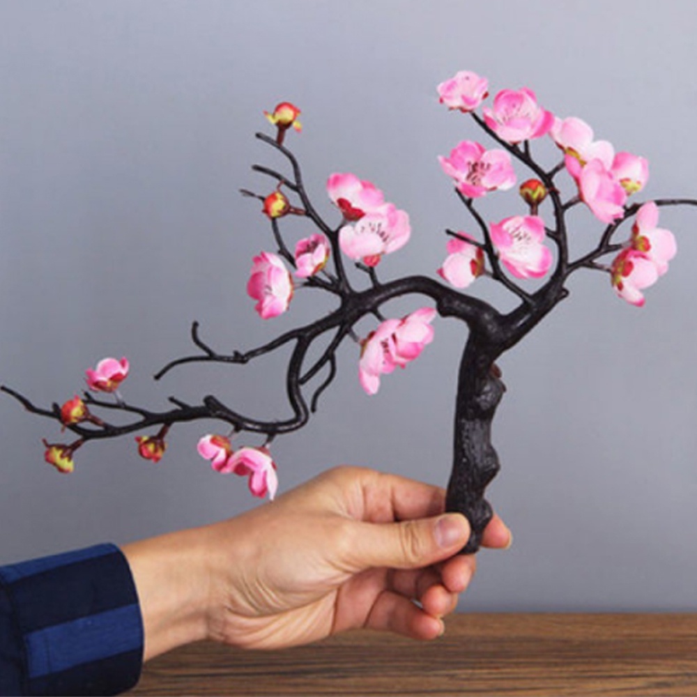 Nhành đào bonsai hoa vải trang trí