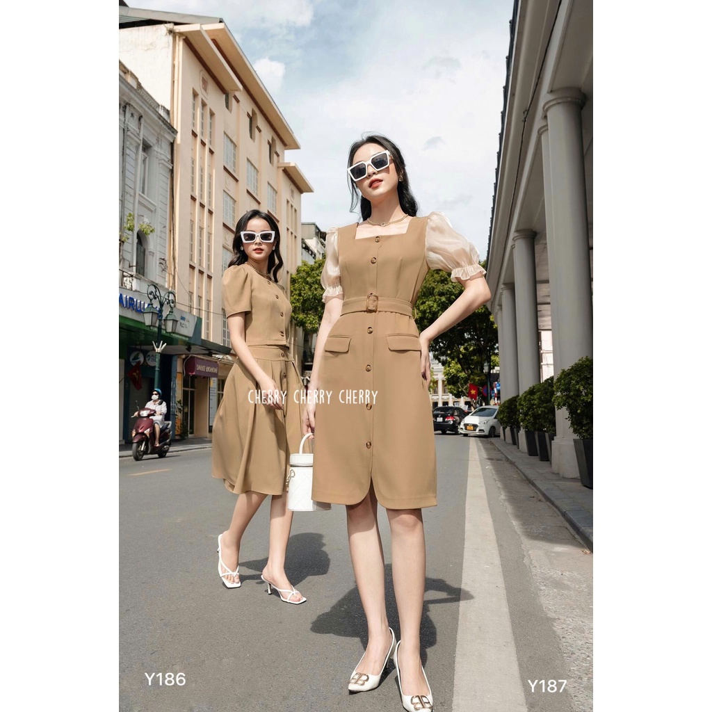 Váy văn phòng đai eo tay phối Y187