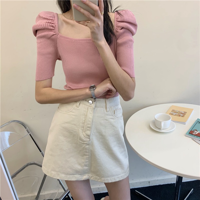 Áo lửng tay phồng cổ vuông màu trơn dễ thương thời trang dành cho nữ