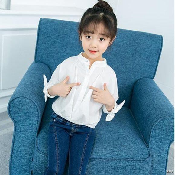 №✇□Little Girl Spring / Summer 2021 Áo sơ mi trắng sọc mỏng dài tay Trẻ em lớn Phong cách Hàn Quốc Cổ đứng Thường