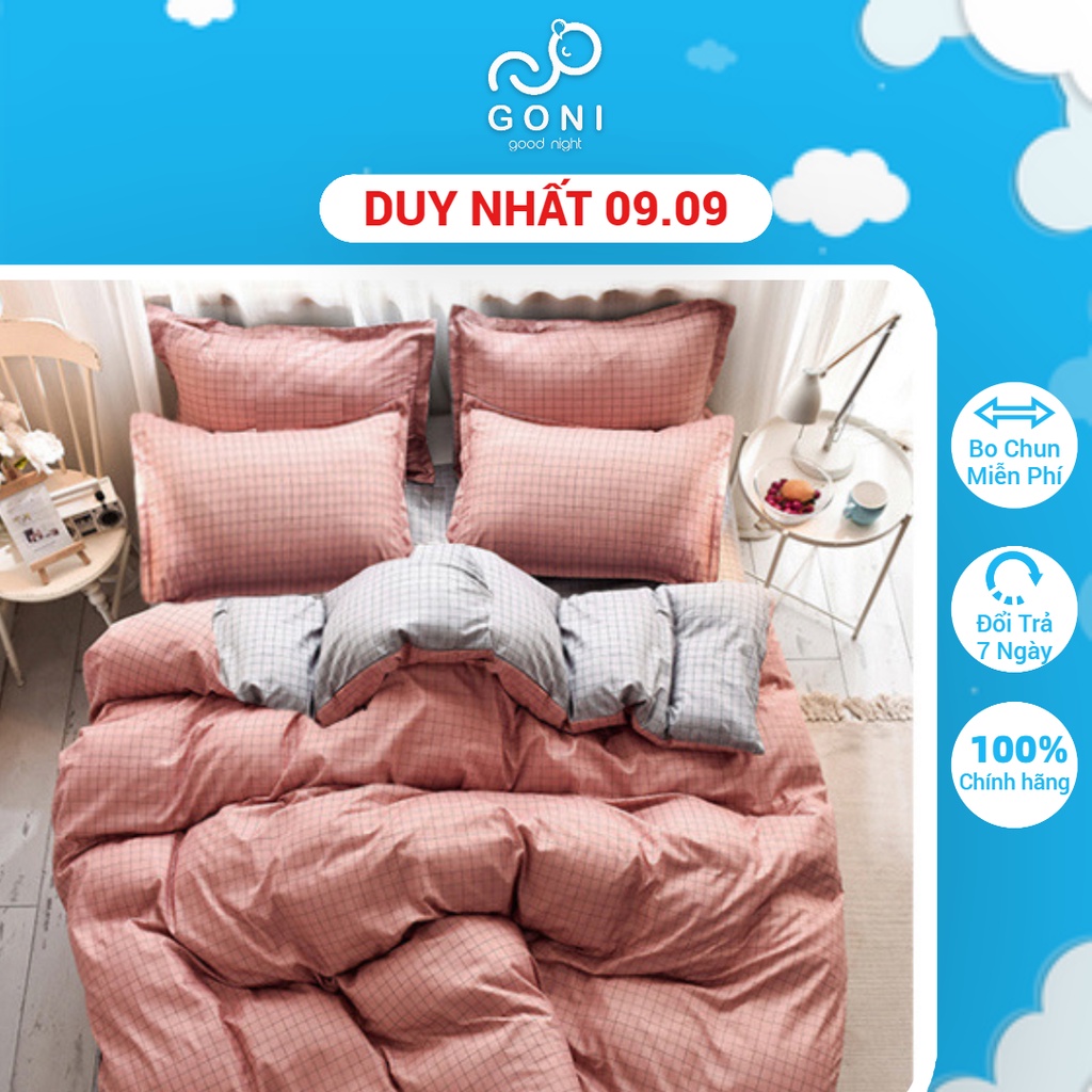 Bộ Chăn Ga Gối Cotton Tici GONI Drap Giường Hồng Đất Xám Caro Nữ Tính Đủ Kích Thước Trải Nệm Không Kèm Ruột