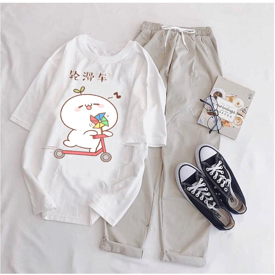 Sét áo phông Trắng in Nhiều hình 3D + Quần kaki, Áo thun from rộng, mặc cho Nam và nữ chất đẹp, Sét bộ mặc ở nhà - AD