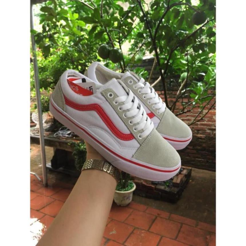 Hot [Sale 3/3]Giày thể thao Vans old skool trắng vạch đỏ, mũi xám [Sẵn Hàng] . ⋆ Hè